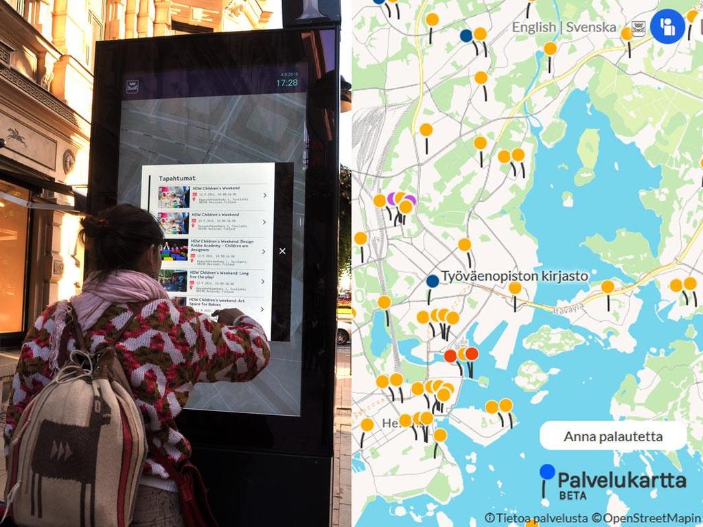 Palvelukartalla ja kaupunkinäytöissä Helsingin keskustan interaktiiviset infonäytöt välittävät tapahtumatietoa