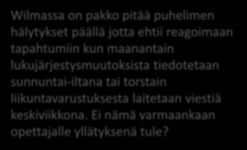 Wilma-viestinnän oikea-aikaisuus Palvelulupaus: Huoltajien toimenpiteitä vaativista asioista tiedottaminen ajoissa (lupaus esim.