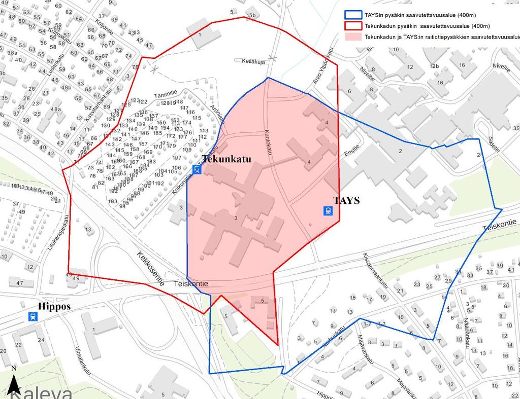 4. Pysäkkien saavutettavuus PYSÄKKI TEKUNKADULLA + TAMK sijoittuu kokonaan alle 400 metrin säteelle pysäkistä.