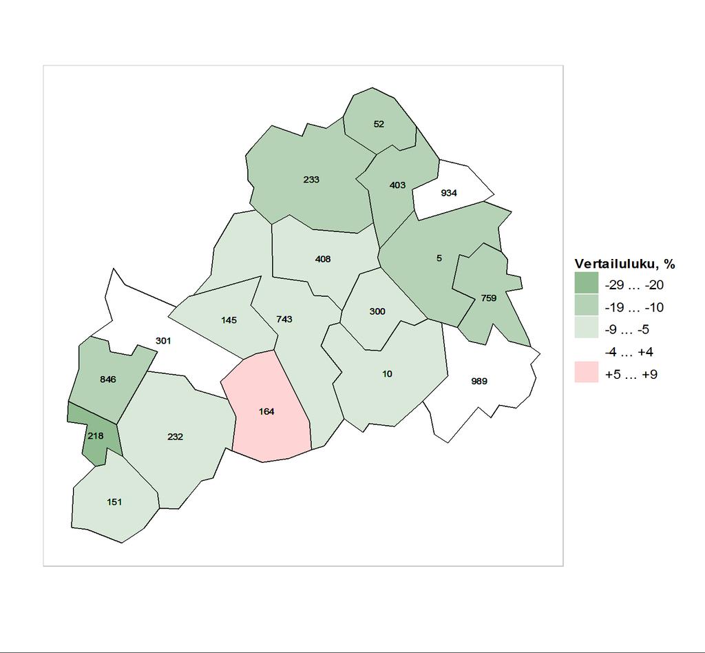 Kartta 1. Vertailutieto koko maan tilanteeseen nähden vammojen ja myrkytysten aiheuttamien hoitojaksojen osalta alueen kunnissa vuosina 2007-2011.