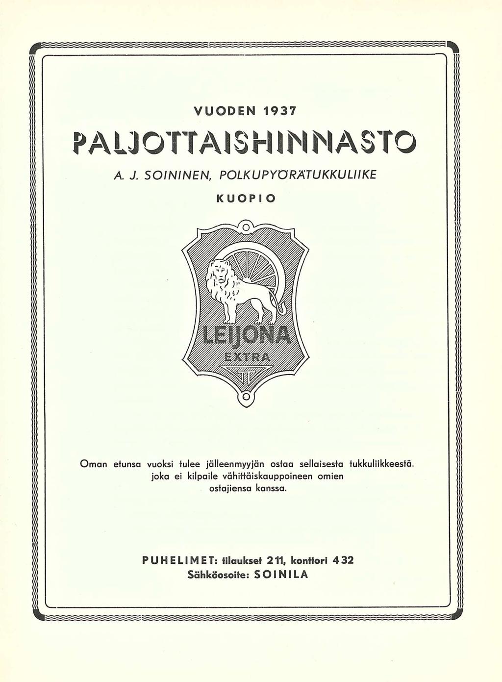 VUODEN 1937 PAUOTTAISHINNASTO A.J.SOININEN.