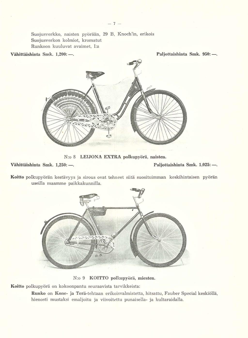 Suojusverkko, naisten pyörään, 29 B, Knochhn, erikois Suojusverkon kolmiot, kromatut Runkoon kuuluvat avaimet, I:a Vähittäishinta Smk. 1,200:. Paljottaishinta Smk.