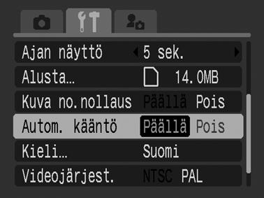 Automaattisen kääntötoiminnon asettaminen Kuvaustapa Kamerassa on suunta-anturi, joka havaitsee, jos kuva otetaan pystysuorassa olevalla kameralla, ja kääntää kuvan automaattisesti oikeansuuntaiseksi