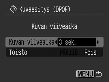 Kuvan viiveajan ja toistoasetusten säätäminen Esityksen kaikkien kuvien viiveaikaa voidaan muuttaa. Lisäksi esitys voidaan määrittää alkamaan aina uudelleen alusta.
