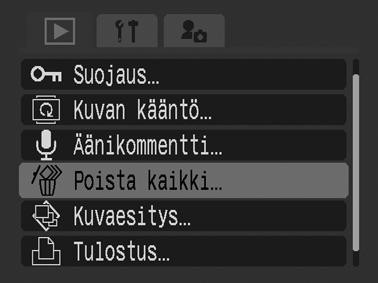 Kaikkien kuvien poistaminen Voit poistaa kaikki SD-kortille tallennetut kuvat. Huomaa, että poistettuja kuvia ei voi palauttaa. Toimi harkiten, kun poistat kuvatiedostoja.
