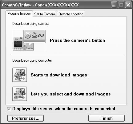 Näkyviin tulee seuraava ikkuna: Kuvien lataaminen ohjelmiston ja tietokoneen avulla: Lisätietoja on Canon Digital Camera Software Starter Guide Disk