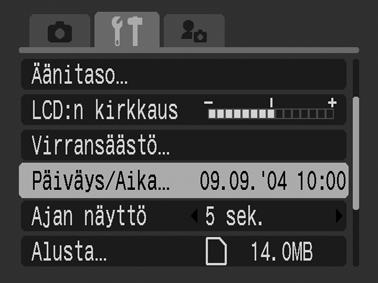 Päivämäärän ja kellonajan asettaminen Päiväys/Aika-valikko tulee näyttöön, kun kameraan kytketään virta ensimmäisen kerran tai silloin, kun sisäisen, ladattavan päivämäärää ja kellonaikaa ylläpitävän