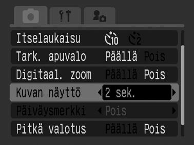 Kuvan esikatseluajan muuttaminen Oletuskatseluaika on noin kaksi sekuntia. Oletusajan voi poistaa käytöstä tai asettaa 2 10 sekunniksi yhden sekunnin askelin.