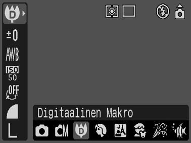 Suurennettujen lähikuvien kuvaaminen (Digitaalinen Makro) Kuvaustapa Tätä tilaa käytetään 3 10 cm:n etäisyydellä olevien kohteiden kuvaamiseen objektiivin päästä (zoomausasetuksena on laajakulma).