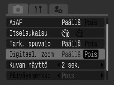 Digitaalizoomin käyttäminen Kuvaustapa Kun nestekidenäyttö on käytössä, kuvia voi zoomata seuraavilla kertoimilla, kun digitaalinen zoom yhdistetään optiseen zoomiin: DIGITAL IXUS 40: noin 4,3x,