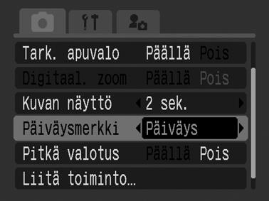 -kuvake tulee nestekidenäyttöön, kun päiväysmerkkiasetukseksi (lisätietoja jäljempänä) on määritetty Päiväys tai Päiväys ja aika. Lisätietoja tulostuksesta on Suora tulostus -käyttöoppaassa.