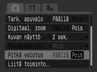Kuvaaminen pitkällä valotusajalla Kuvaustapa Voit määrittää suljinnopeuden suureksi, jolloin tummat kohteet vaikuttavat kirkkaammilta. 1 2 Valitse (Kuvausvalikko) -valikosta [Pitkä valotus].