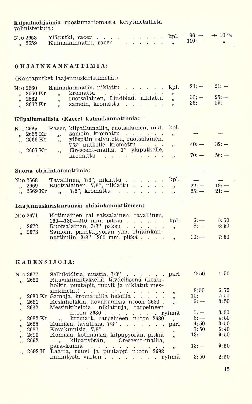 Kilpailuohj äimiä ruostumattomasta kevytmetallista valmistettu] a: N:o 2658 Yläputki, racer kpl 10 ^ 2659 Kulmakannatin, racer 110: «OHJAINKANNATTIMIA: (Kantaputket laajennuskiristimellä) niklattu