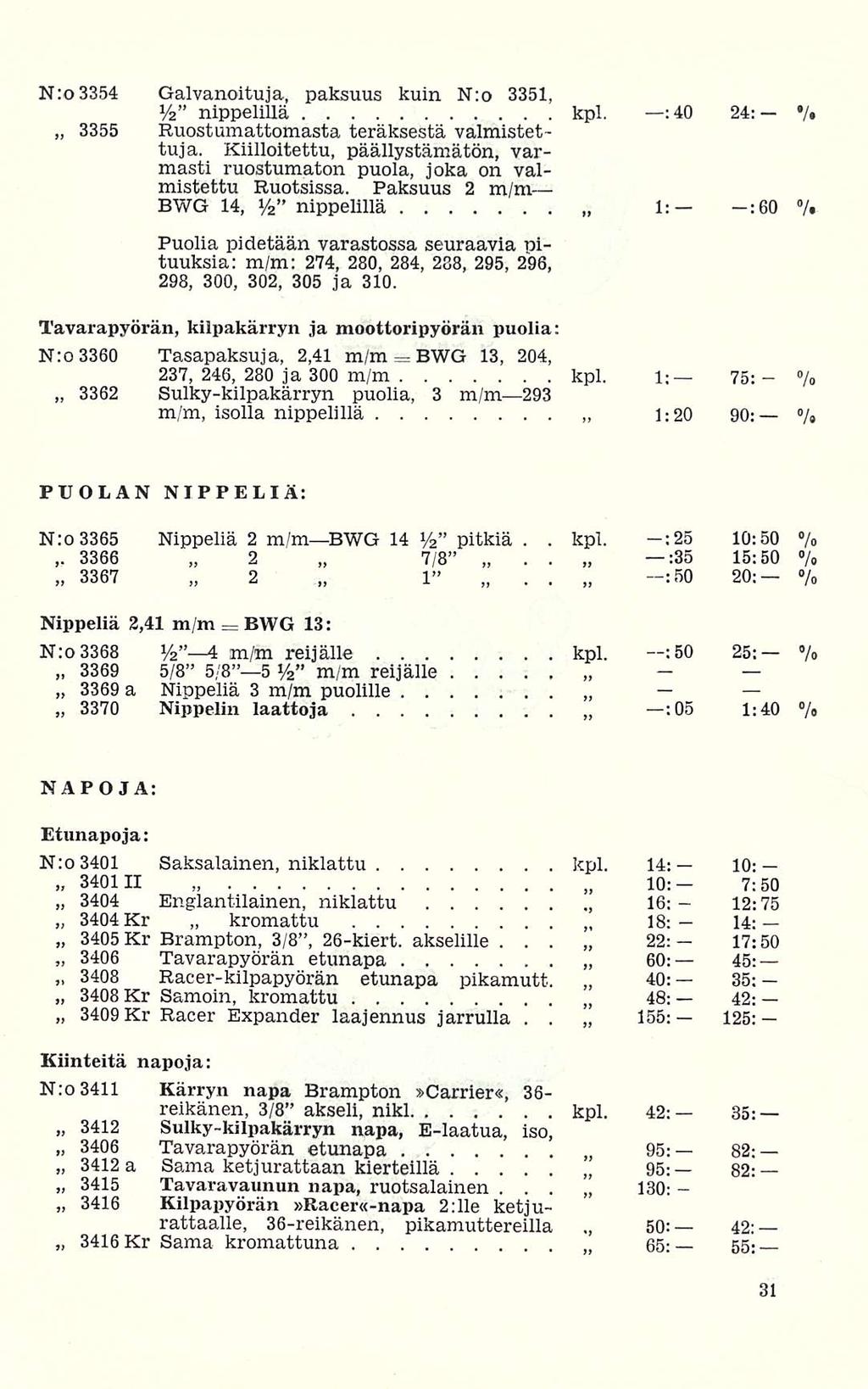 BWG 7/8 BWG kpl 65: Nro 3354 Galvanoituja, paksuus kuin N:o 3351, Vi nippelillä kpl : 40 24: / 3355 Ruostumattomasta teräksestä valmistettuja Kiilloitettu, päällystämätön, varmasti ruostumaton puola,
