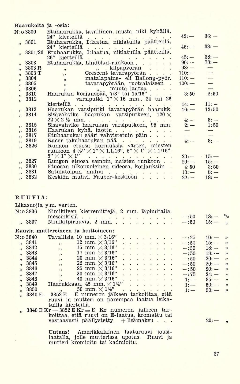 30 50 varsiputkl E 35: Haarukoita ja -osia: N:o3800 Etuhaarukka, tavallinen, musta, nikl kyhällä, 24 kierteillä 42: 36; 3801 Etuhaarukka, I:laatua, niklatuilla päätteillä, 24 kierteillä 45: 38: