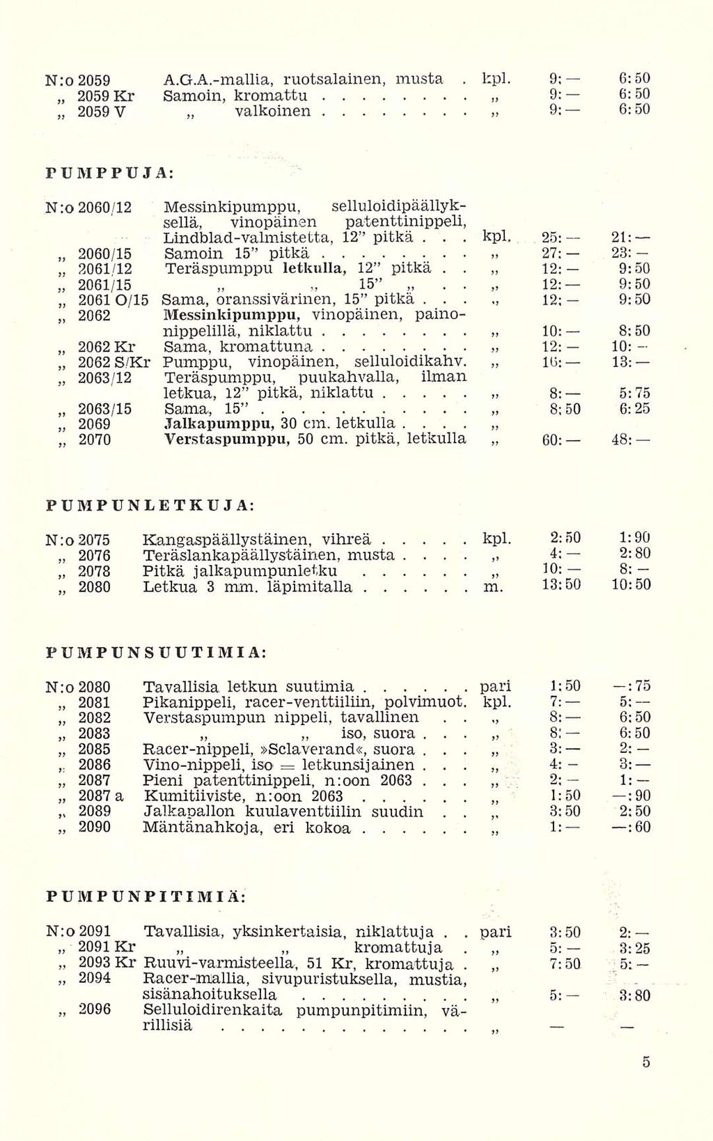 letkunsijainen kpl,, pari N:o 2059 AGA-mallia, ruotsalainen, musta kpl 9: 6:50 2059 Kr Samoin, kromattu 9: 6:50 2059 V valkoinen 9: 6:50 PUMPPUJA: N;o 2060/12 Messinkipumppu, selluloidipäällyksellä,