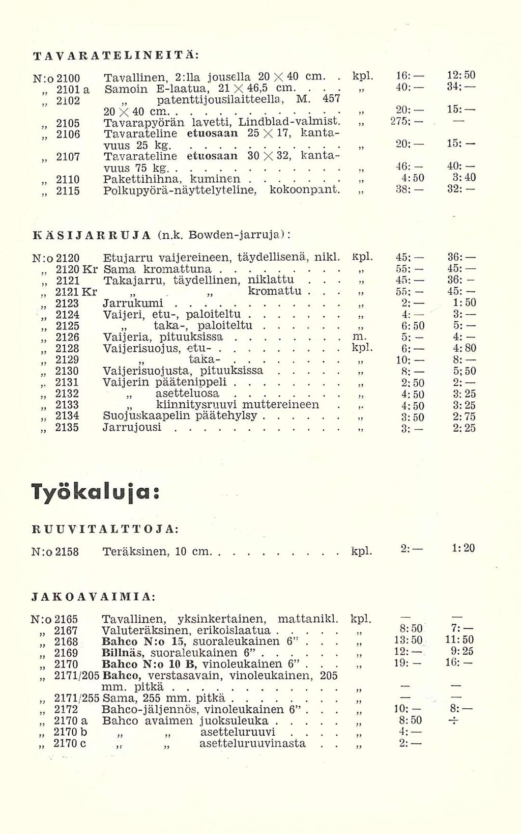 2170 2131 taka-, asetteluruuvinasta 8:50 46: TAVARATELINEITÄ: N:o 2100 Tavallinen, 2:11 a jousella 20 X4O cm 2101 a Samoin E-laatua, 21X46,5 cm kpl 16: 40: 12:50 34; 2102 patentti jousilaitteella, M