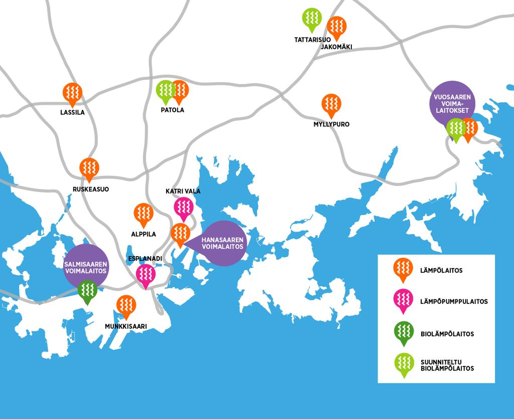 HANASAAREN 400 MW LÄMPÖTEHON KORVAAMINEN Jo tehdyt investoinnit ja päätökset Salmisaaren pellettikattila 92 MW Esplanadin lämpöpumppulaitos 22 MW lämpöä ja 15 MW jäähdytystä Mustikkamaan