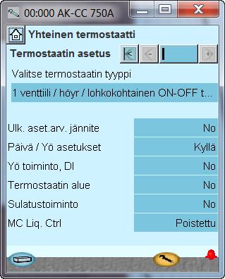 Konfigurointi - jatkoa Termostaatin määrittely 1. Mene konfigurointivalikkoon 2. Valitse Common control (yhteinen ohjaus) 3. Valitse termostaatin toiminnot. Asetusvalikko on nyt muuttunut.