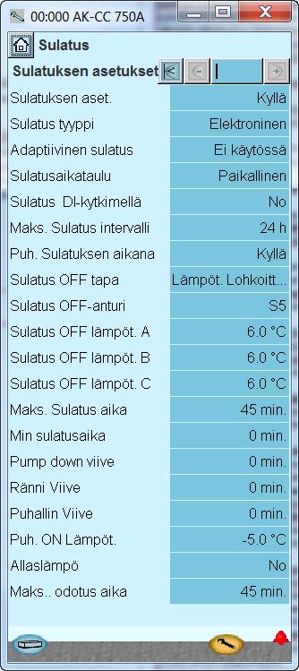 Konfigurointi - jatkoa Sulatustoimintojen määrittely 1. Mene konfigurointivalikkoon 2. Valitse sulatustoiminto (Defrost) 3. Aseta toiminnot Esimerkki: Asetukset näkyvät täällä näytössä.