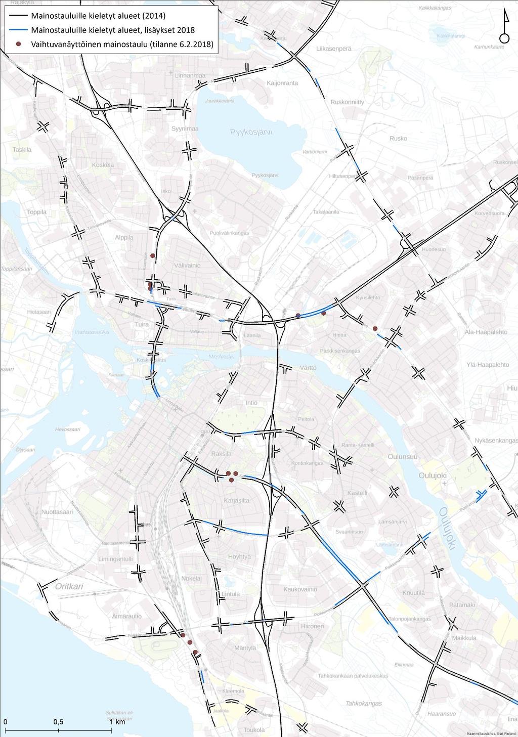 Tienvarsimainoksilta kielletyt tie- ja katujaksot (ei koske rakennuksissa ja tonteilla