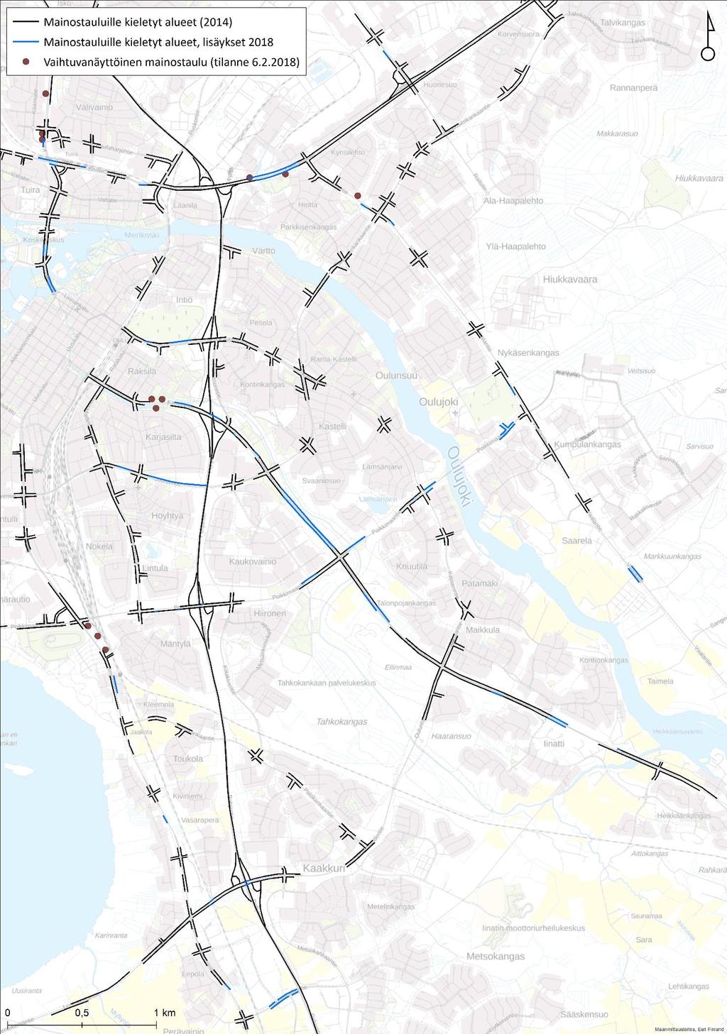 Tienvarsimainoksilta kielletyt tie- ja katujaksot (ei koske rakennuksissa ja tonteilla