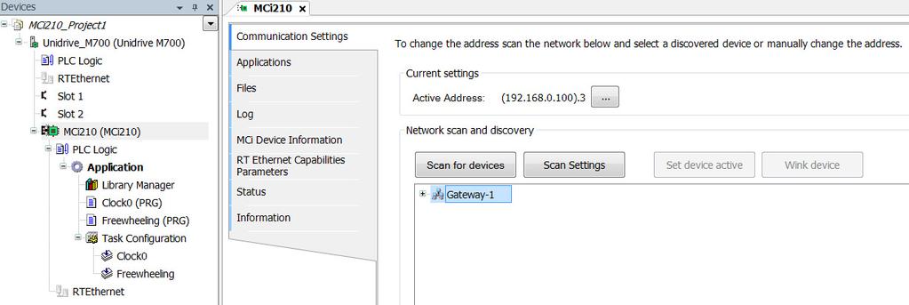 Yhteys ja ohjelman lataaminen Avataan laite MCi210 Välilehdeltä Communication settings valitaan Scan for