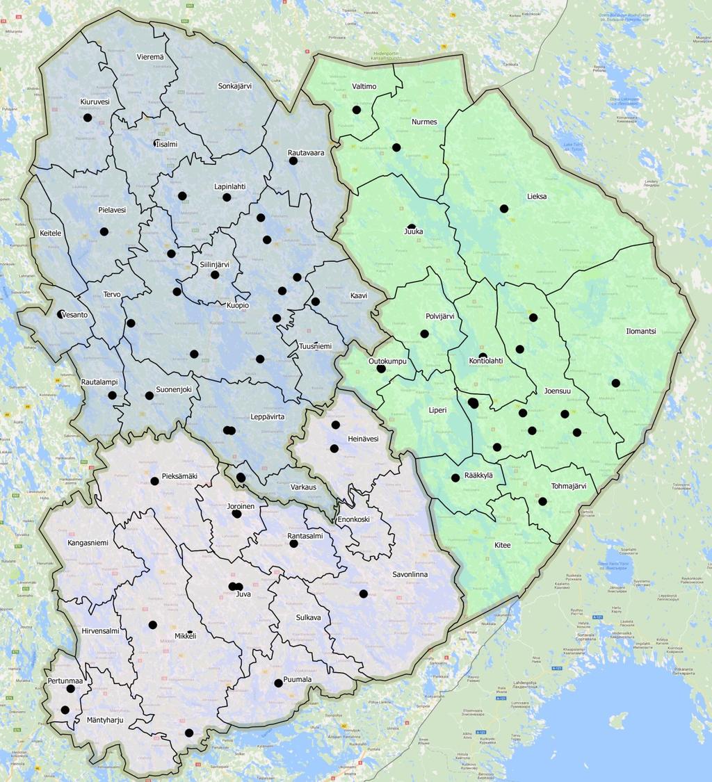 Pohjois-Savo: 24 pääpysäkkiä Alkukartoitusvaihe Pohjois-Karjala: 22
