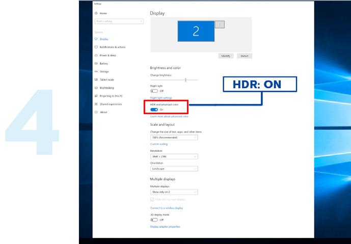 HDR:n asettaminen Windows 10:ssä Kytke HDR päälle; tällöin näyttö