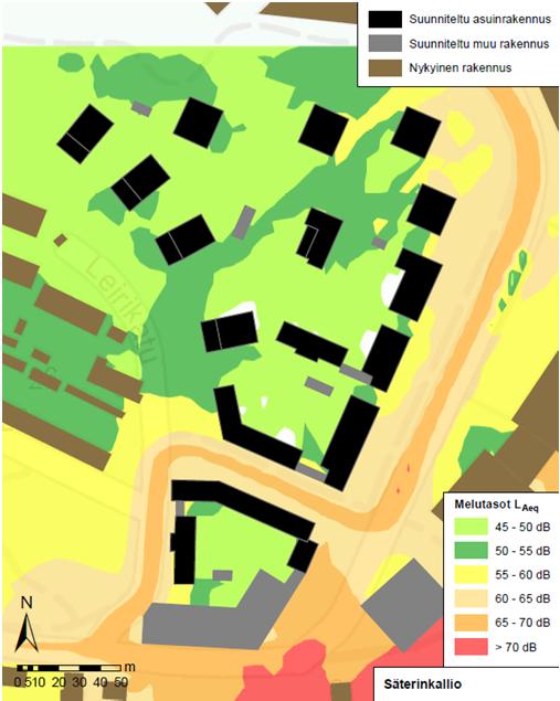 6 (13) n eluselvitys 3.1 Oleskelualueiden elutasot Melutasot laskettiin koko selvitysalueelle päivä- ja yöajalle 2 korkeudella.