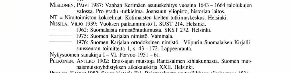 Pieksämäki. LIIMoLA, MATTI 1957: Sananselityksiä. _ Vir. s. 191-203. LÖNNROT, ELIAS 1866-1880: Suomalais-Ruotsalainen Sanakirja I- III. 1866-1880. Kolmas, manul-menetelmällä jäljennetty painos.