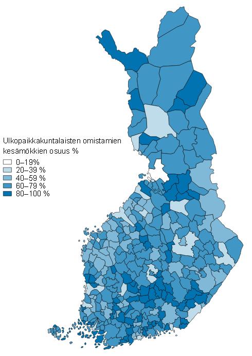 Ulkopaikkakuntalaisten omistamien kesämökkien osuus 2017 Yksityishenkilöiden omistamia kesämökkejä oli 431 000.