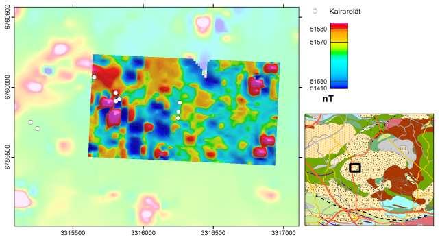 GEOLOGIAN TUTKIMUSKESKUS Raportti 59/2017 10 2.4.2 Kohteellinen maastogeofysiikka Arolanmäessä tehtiin kohteellisia magneettisia ja IP-mittauksia vuonna 2005 n.