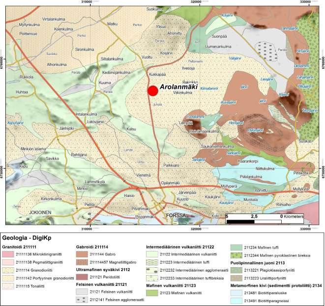 GEOLOGIAN TUTKIMUSKESKUS Raportti 59/2017 2 Arolanmäen Au-tutkimuskohteen sijainti geologisella kartalla (DigiKp). Koordinaatit EUREF-FIN järjestelmässä.