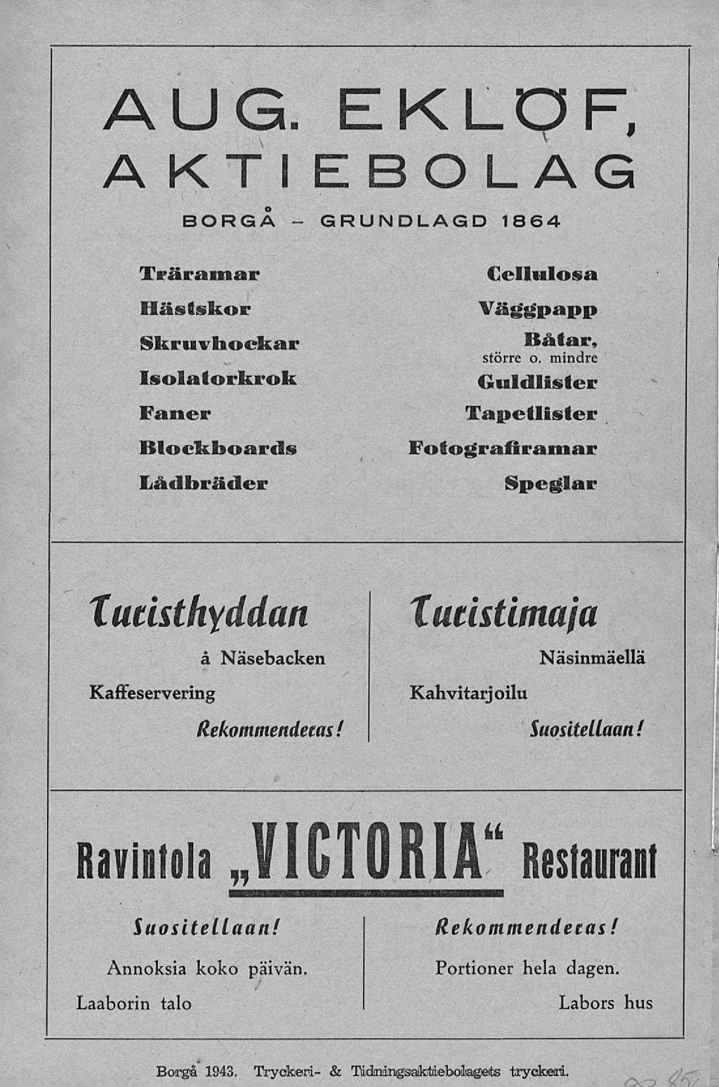 GRUNDLAGD t AU G. EKLQF, AKTIEBOLAG BORGÅ 1864 Träramar Hästskor Skruvhoekar Isolatorkrok Faner Bloekboards Lådbräder Cellulosa Väggpapp Båtar, större o.