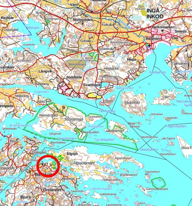 2 ( 9 ) 4. Suunnittelualue Suunnittelualueen sijainti Alue käsittää kiinteistön Rövass RN:o 1:115 (149-458-1-115) Inkoon Orslandetissa.