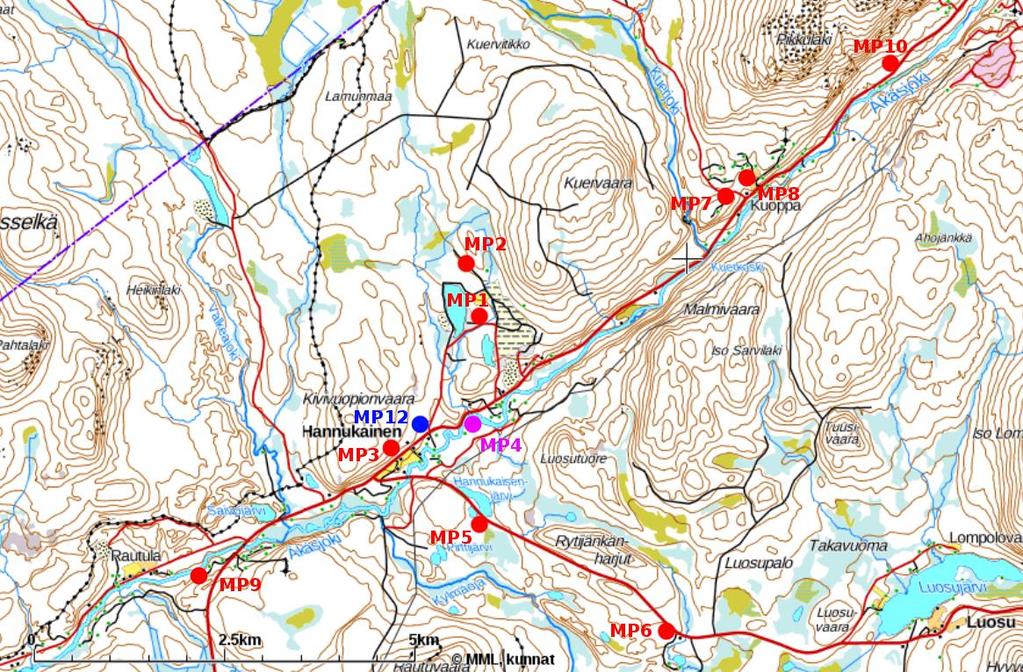 Äänitasojen ja tärinän mittaukset Hannukaisen kaivosalueella 11.7. 14.9.2017 Sivu 5 / 34 Melumittaukset Ympäristömelua mitattiin jatkuvatoimisesti kymmenessä mittauspisteessä (MP1-10).