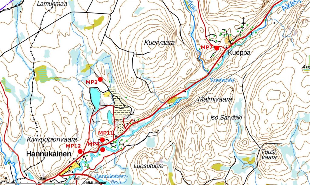 Äänitasojen ja tärinän mittaukset Hannukaisen kaivosalueella 11.7. 14.9.2017 Sivu 13 / 34 Tärinämittaukset Tärinää mitattiin jatkuvatoimisesti viidessä mittauspisteessä (MP2, MP4, MP7, MP11 ja MP12).