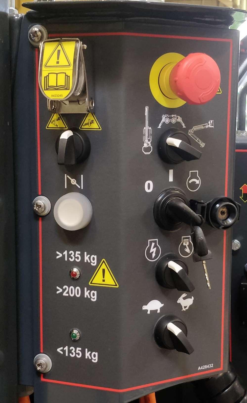 Työkorin vakauksen ohjausvipu 5 4 3 2 1 6 7 2 1 1. Hätä-seis 2. Käytön valinta, siirto-, tukijalka-, puomi ajo 3. Virta-avain, seis - virrat päällä - käynnistys 4.