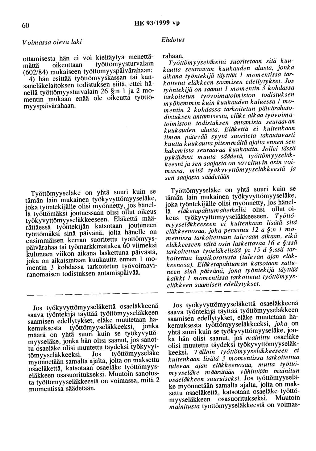 60 HE 93/1999 vp Voimassa oleva laki ottamisesta hän ei voi kieltäytyä menettämättä oikeuttaan työttömyysturvalain (602/84) mukaiseen työttömyyspäivärahaan; 4) hän esittää työttömyyskassan tai