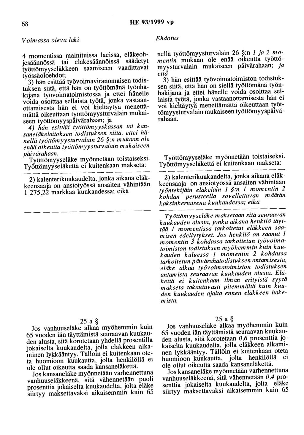 68 HE 93/1999 vp Voimassa oleva laki 4 momentissa mainituissa laeissa, eläkeohjesäännössä tai eläkesäännöissä säädetyt työttömyyseläkkeen saamiseen vaadittavat työssäoloehdot; 3) hän esittää