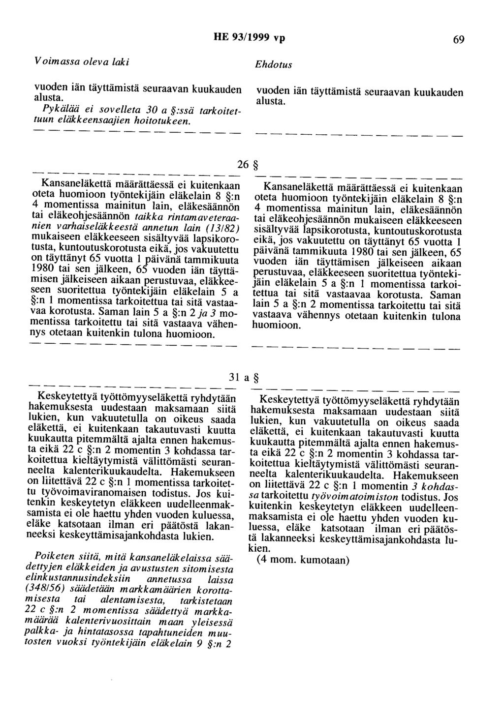 HE 93/1999 vp 69 Voimassa oleva laki vuoden iän täyttämistä seuraavan kuukauden alusta. Pykälää ei sovelleta 30 a :ssä tarkoitettuun eläkkeensaajien hoitotukeen.
