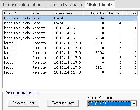 Riittää, että valitset kultakin poistettavalta käyttäjältä yhden istunnon (rivin) ja klikkaat Selected users -painiketta. Voit myös valita työaseman IP -osoitteen ja poistaa ko.