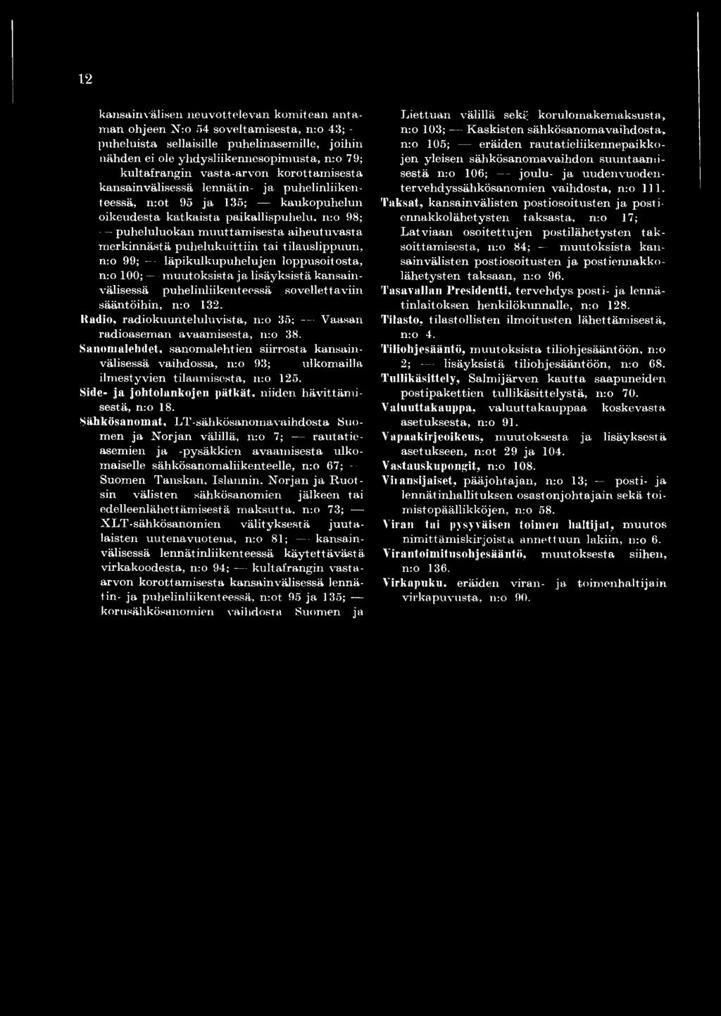 merkinnästä puhelukuittiin tai tilauslippuun, n:o 99; läpikulkupuhelujen loppusoitosta, n:o 100; muutoksista ja lisäyksistä kansainvälisessä puhelinliikenteessä sovellettaviin sääntöihin, n: o 132.
