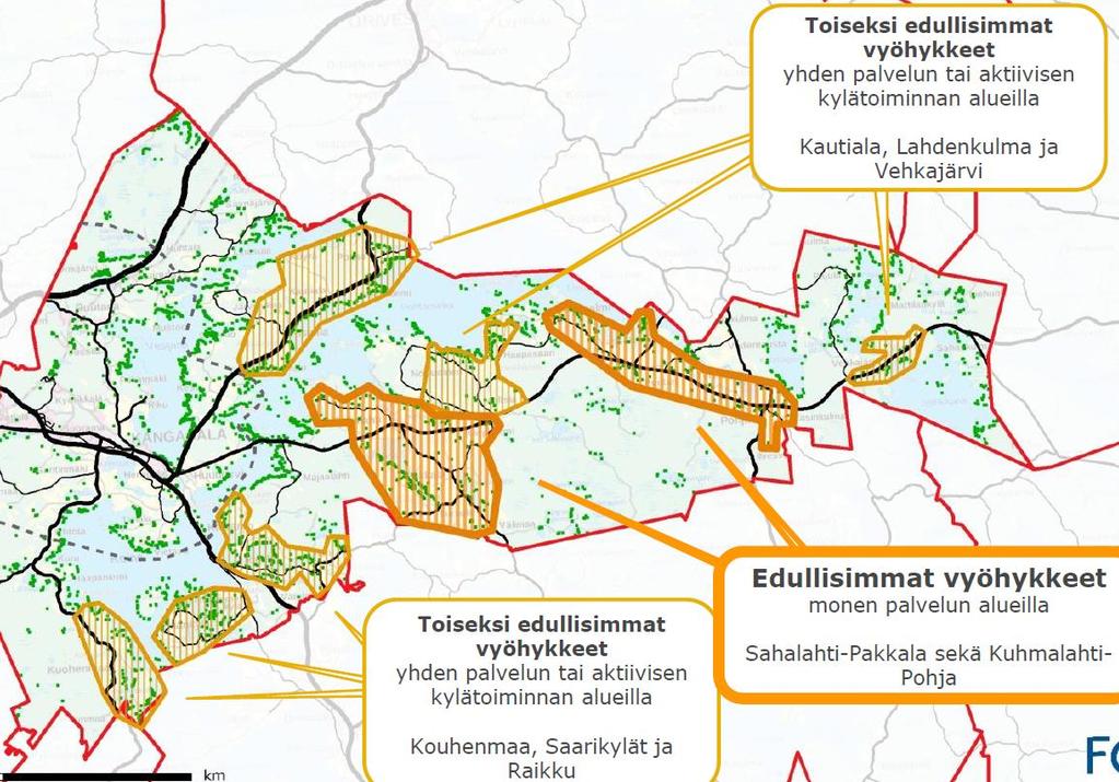 Suurin osa käyttötarkoituksenmuutosalueista sijoittuu vesijohtoverkon ja osin myös