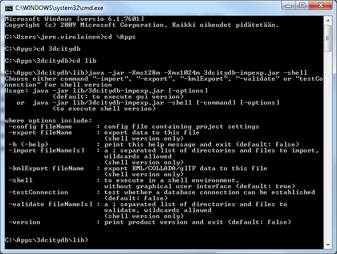 35 Kuva 17. 3D City Databasen operointi komentorivein Windowsin Command Prompt-komentotulkissa.