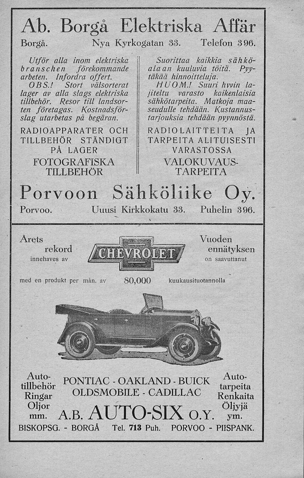 BORGÅ OAKLAND CADILLAC Ab Borgå Elektriska Affär Borgå Nya Kyrkogatan 33 Telefon 396 Utför alla inom elektriska branschen förekommande arbeten Infordra offert OBS I Stort välsorterat lager av alla