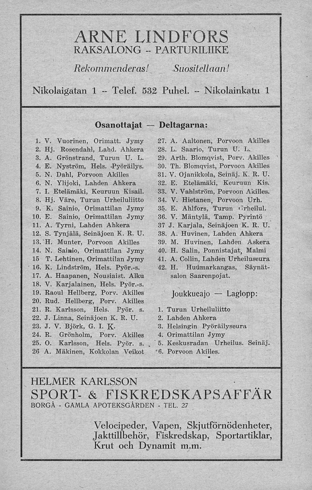 GAMLA Telef TEL Nikolainkatu ARNE LINDFORS RAKSALONG PARTURILIIKE Rekommenderas! Suositellaan!