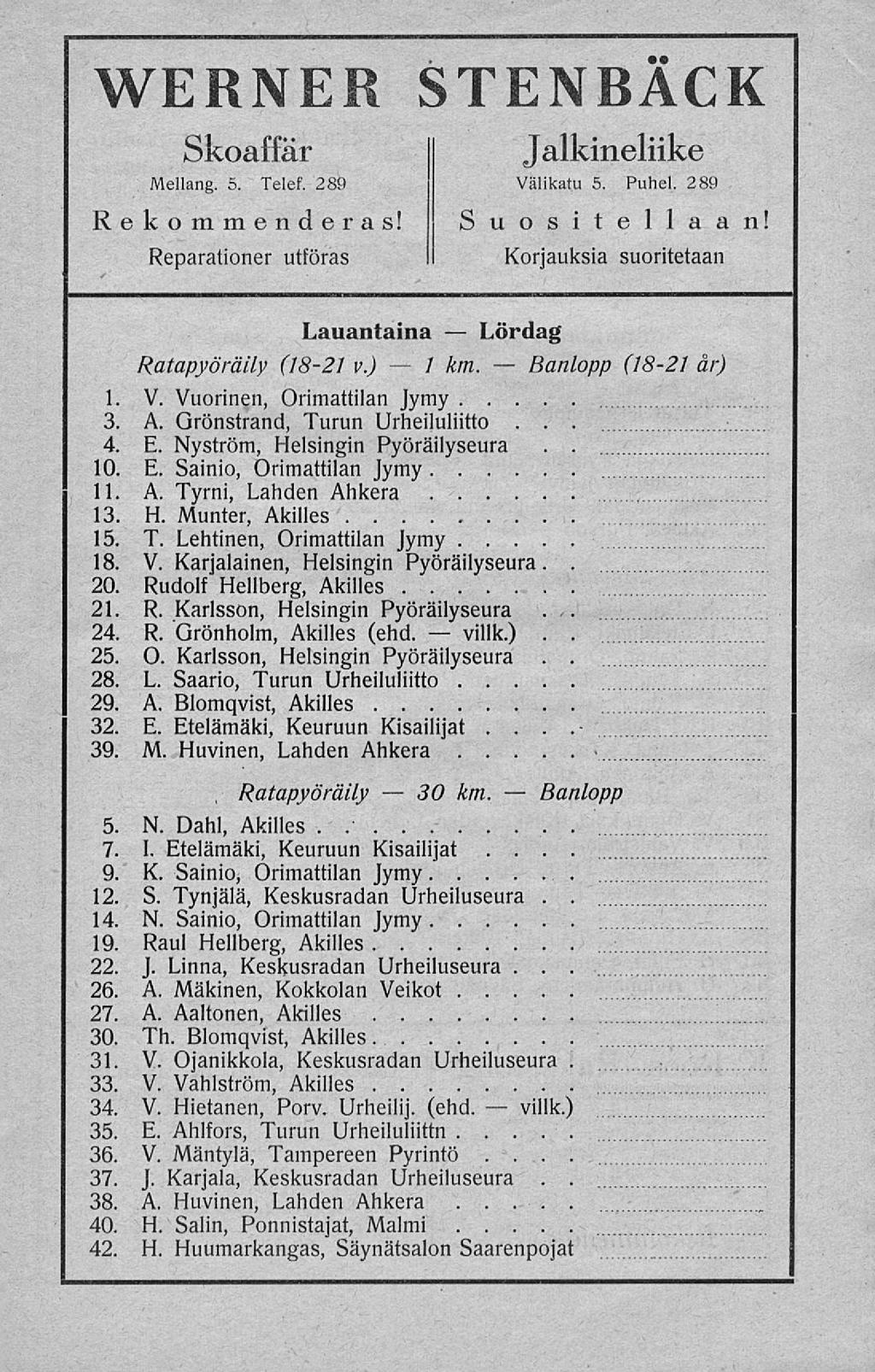 30 1 villk) Banlopp WERNER STENBACK Skoaffär II Jalkineliike Mellang 5 Telef 289 Välikatu 5 Puhel 289 Rekommenderas! Suositellaan!
