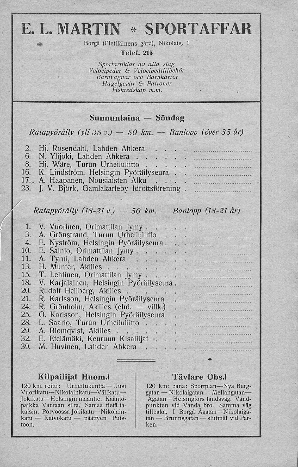 Kaivokatu päättyen villk) Banlopp Brunnsgatan Banlopp Nikolaigatan slutmål * E L MARTIN SPORTAFFAR ur Borgå (Pietiläinens gård), Nikolaig 1 Telef 215 Sportartiklar av alla slag Velocipeder &